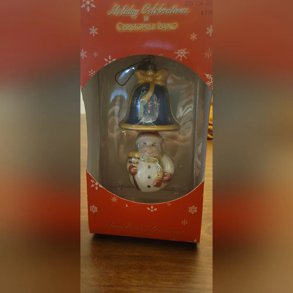 Vintage Holiday Celebration‎ Christopher Radko Bell & Snowman Ceramic Ornament